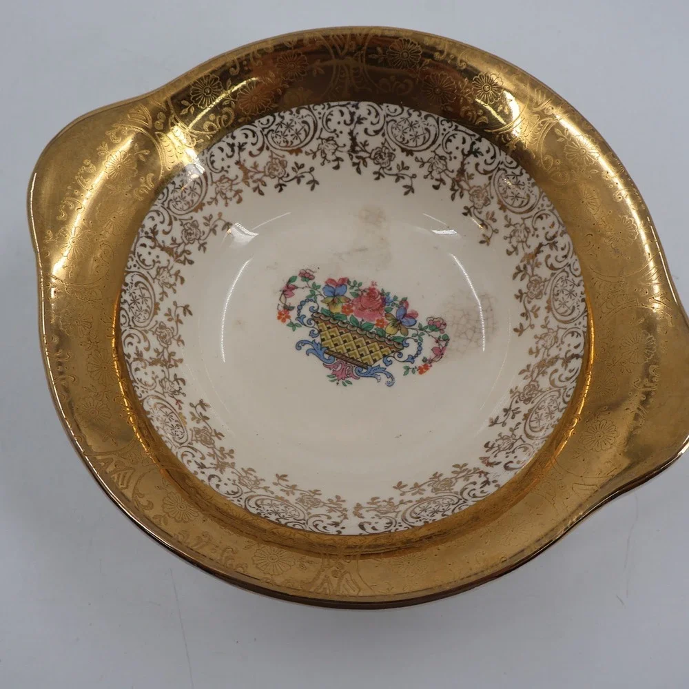 Warranted 22 Karat Gold Encrusted Floral Serving Bowl Vintage Cream 7.25in